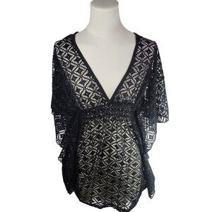 Miken Black Lace Crochet Swimsuit Cover-Up With V-Neck & Open Back Size XS